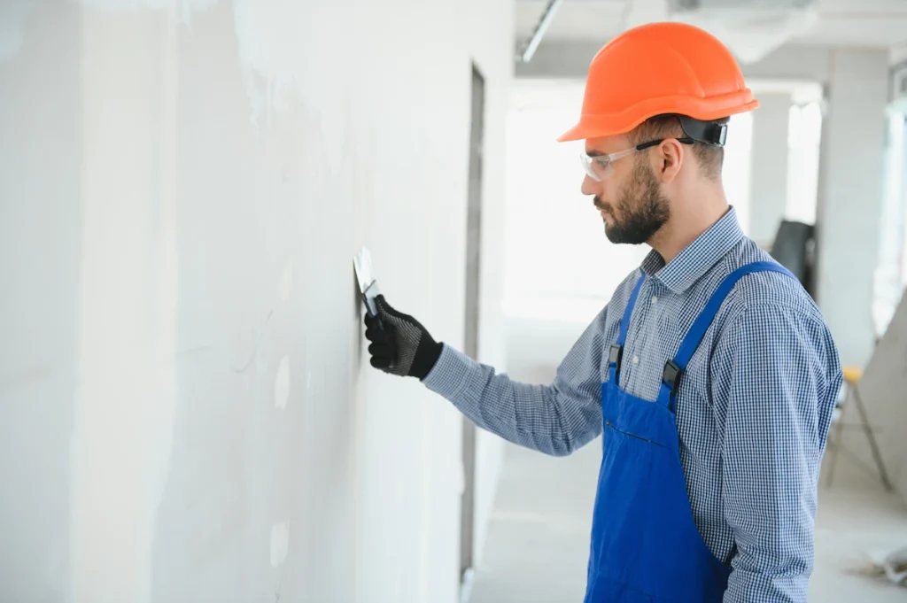Un homme qui applique un enduit correcteur thermique sur un mur