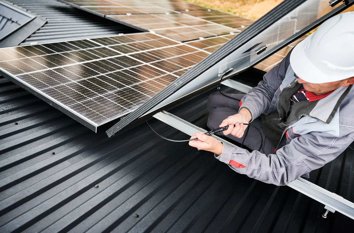 Un professionnel qui branche un panneau solaire sur un velux