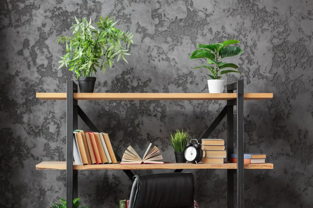 Des étagères en hauteur avec des livres et des plantes