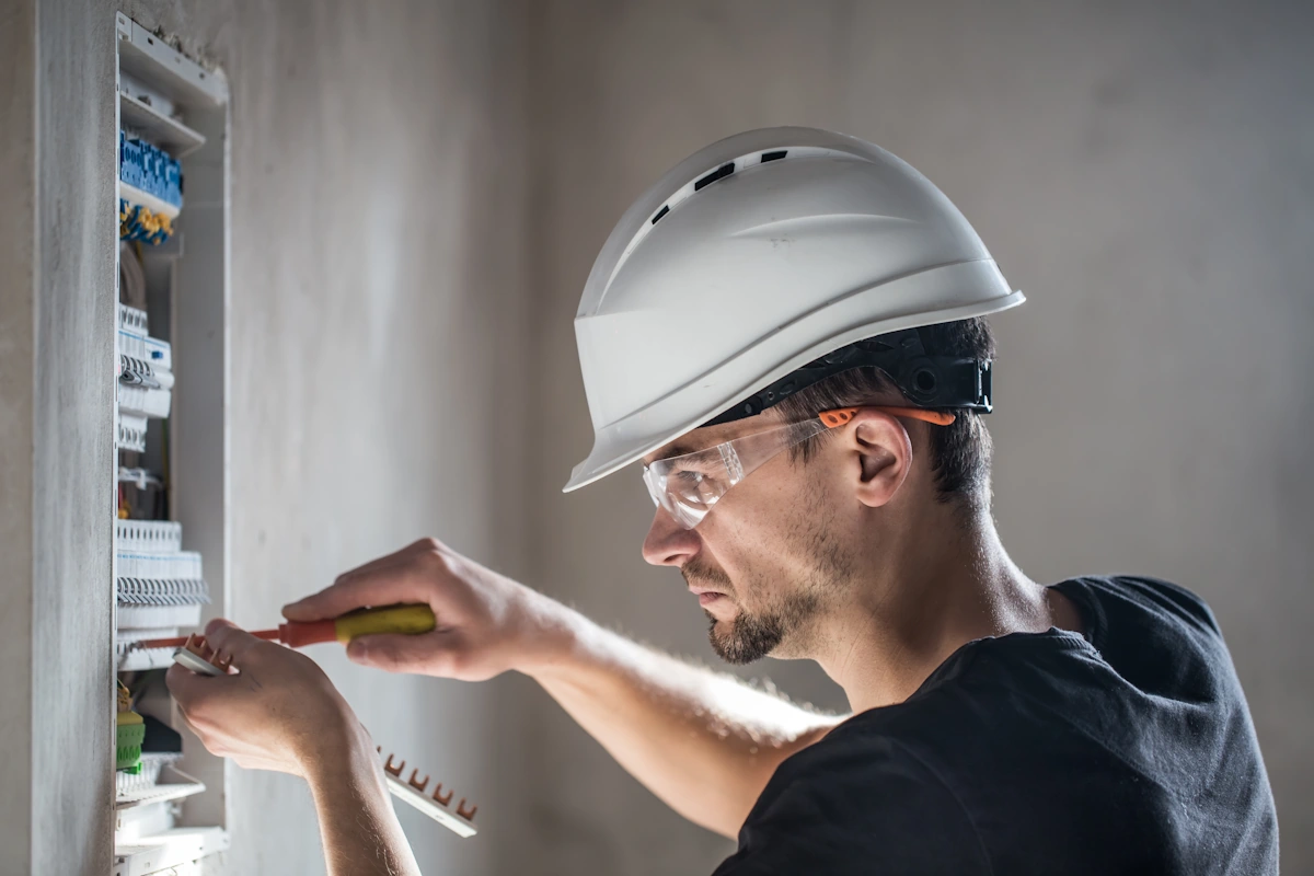 Un homme avec un casque blanc et un tournevis qui travaille sur un tableau électrique
