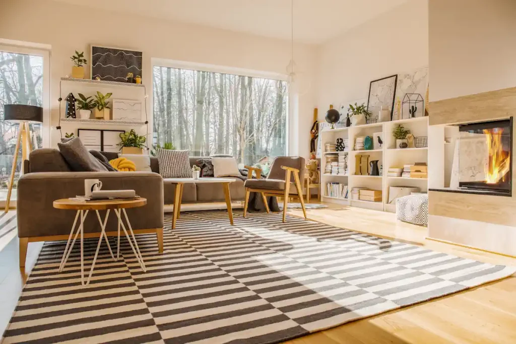 Un salon décoré dans des tons gris et blanc