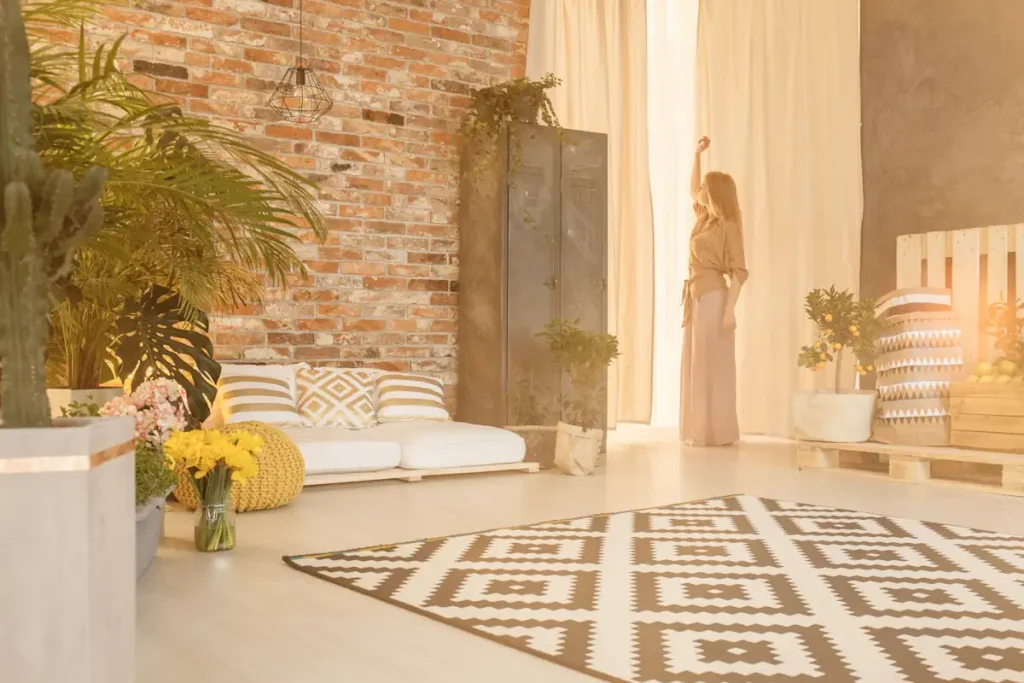 Une femme debout près d'une fenêtre dans un salon parfaitement aménagé