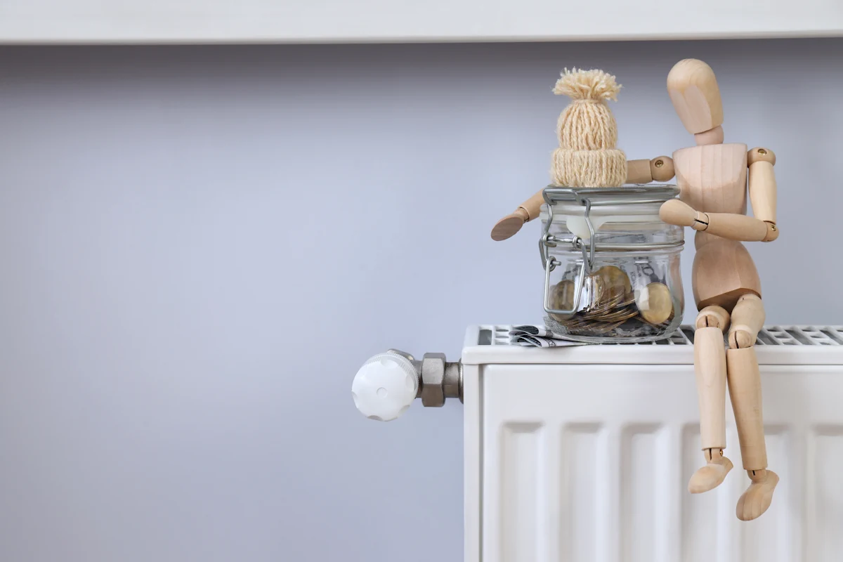 Un personnage en bois assis sur un radiateur à côté d'un pot de pièce de monnaies