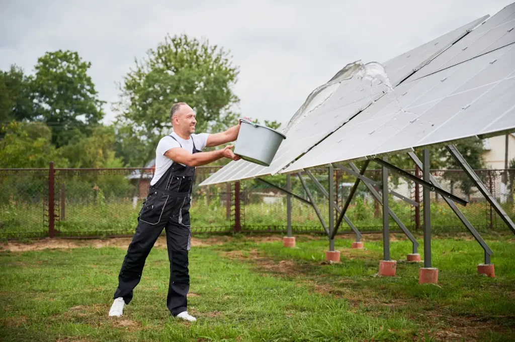 Un homme qui nettoie des panneaux avec de l'eau