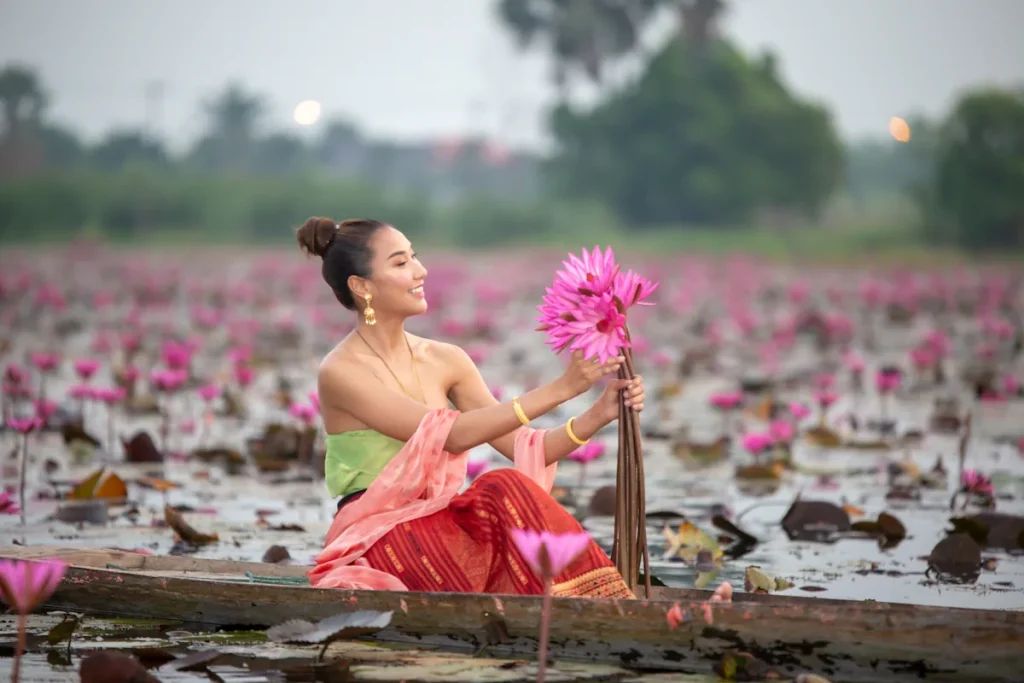 Une femme qui prend des fleurs roses violettes dans un étang