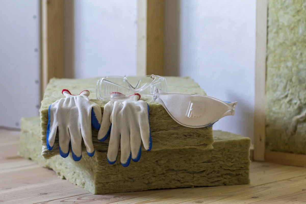 des panneaux de ouate de cellulose avec une paire de gants et un masque