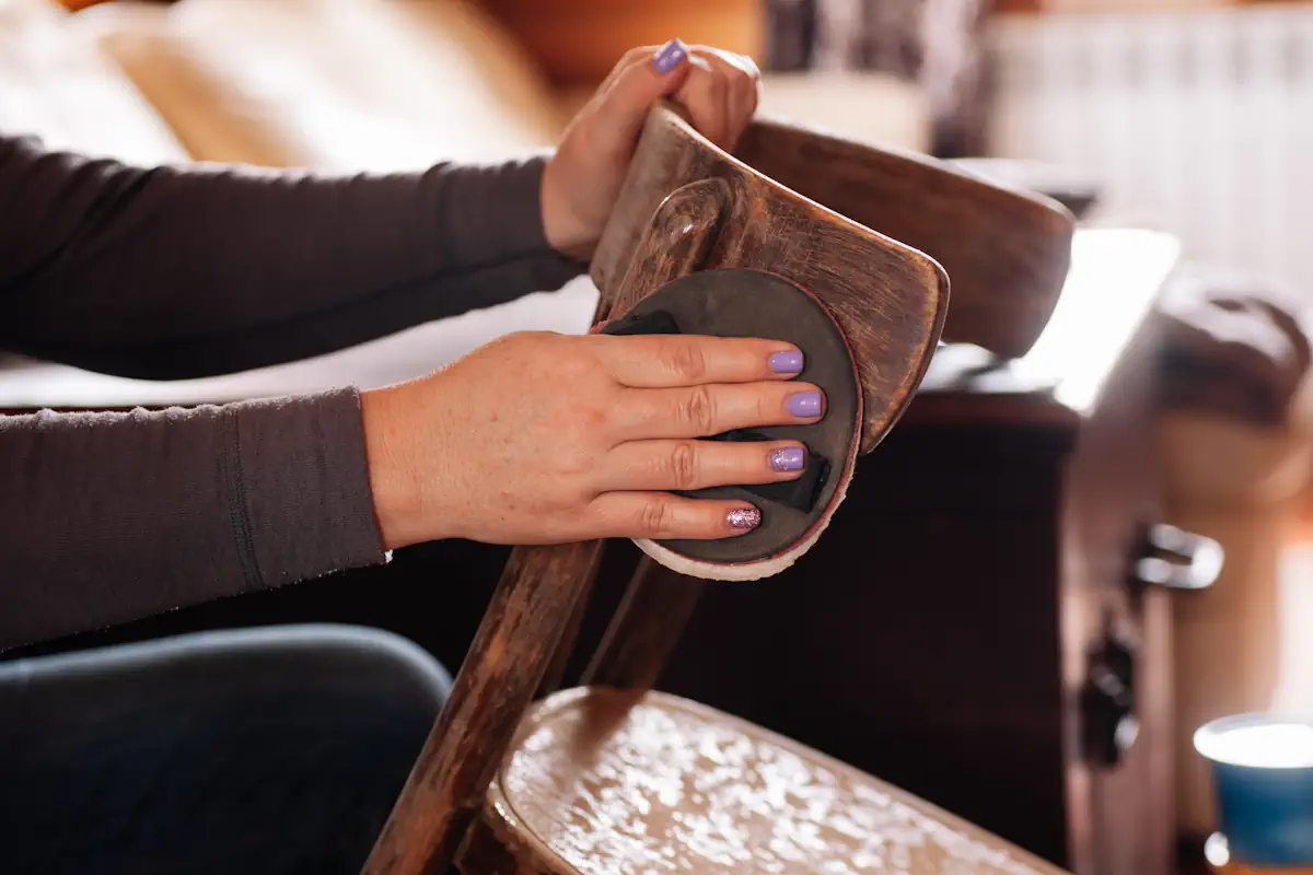 Une femme qui nettoie une chaise en bois