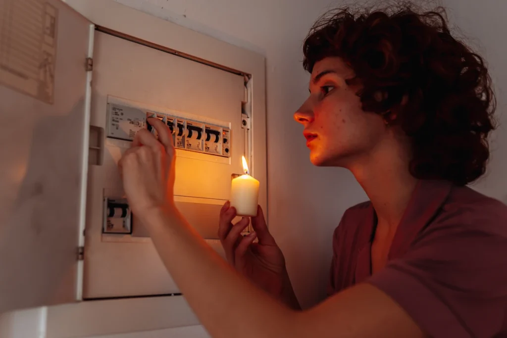 Une femme qui s'éclaire à la bougie pour remettre en marche un disjoncteur