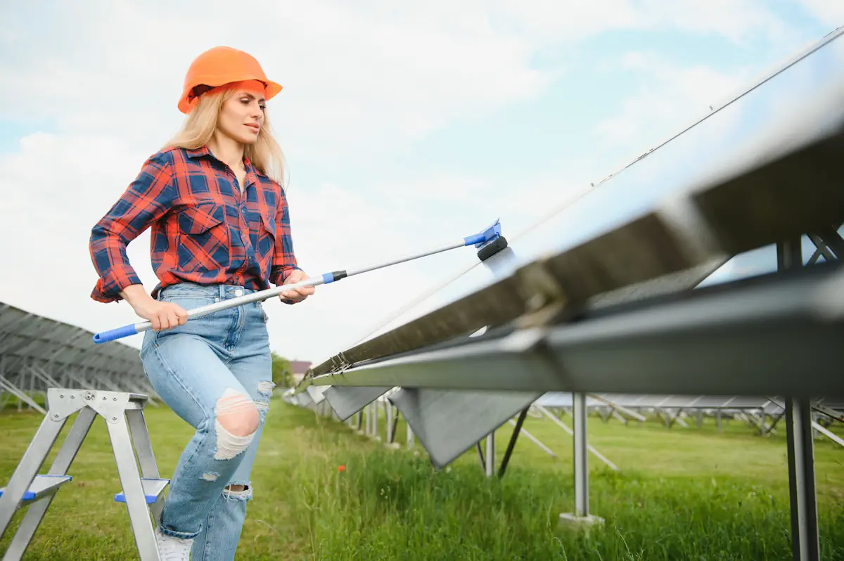 Une femme qui nettoie des panneaux photovoltaïques