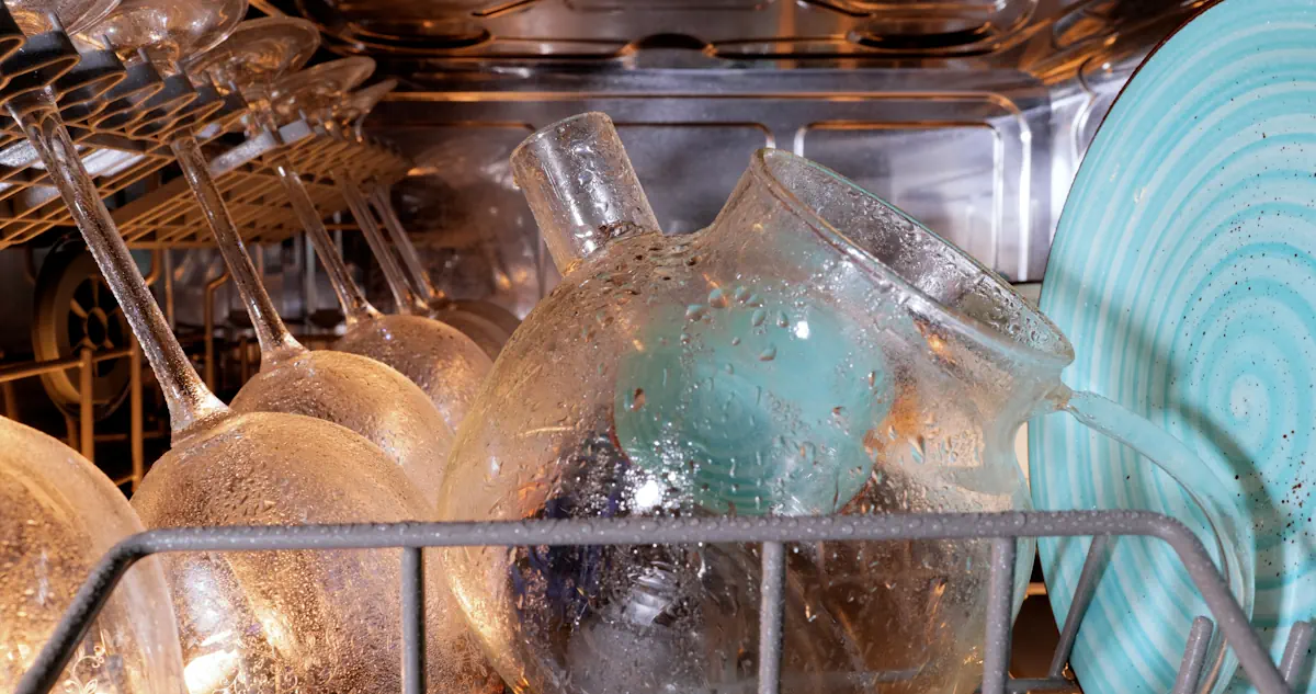 Un verre dans un lave-vaisselle avec des traces de buées