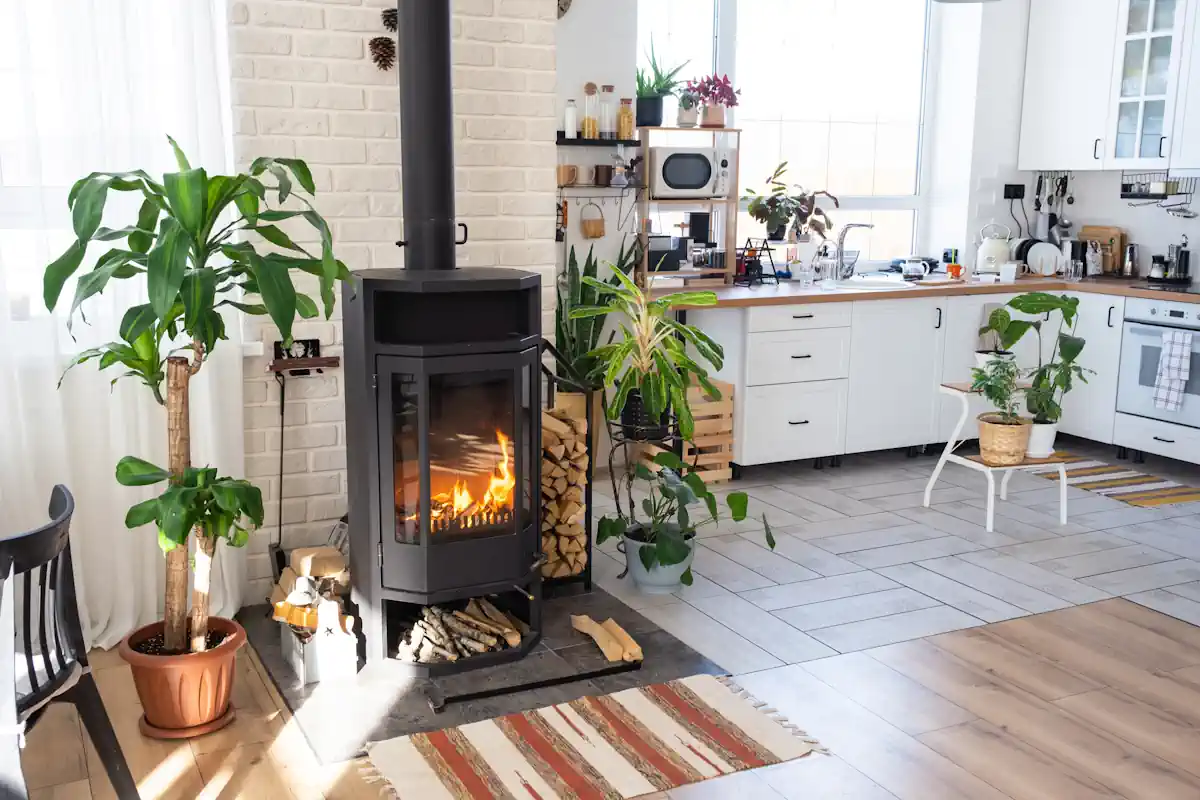 Un poêle contre un mur en bois près d'une cuisine ouverte