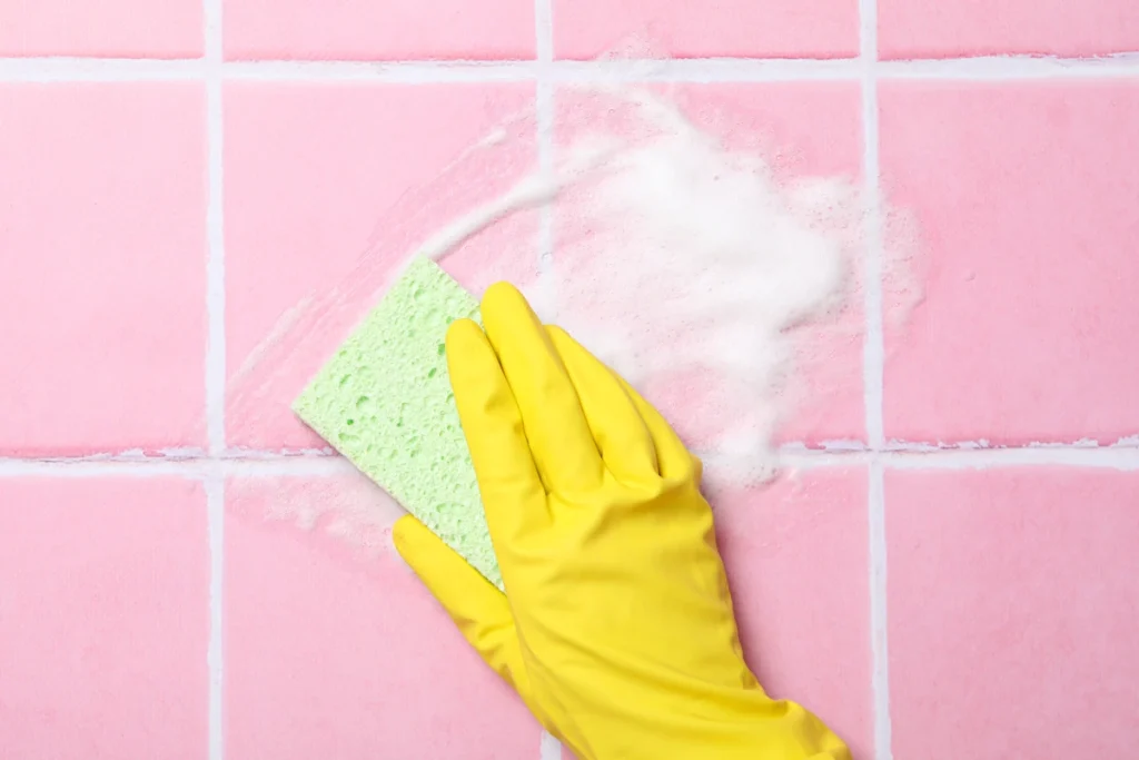 Une personne gantée qui nettoie du carelage rose