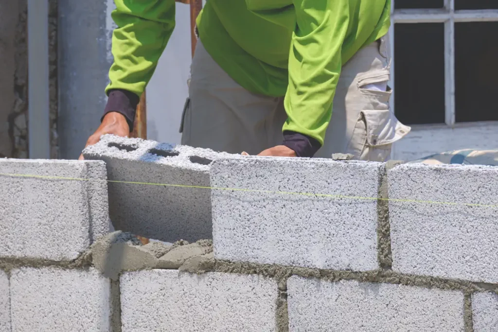 Un homme entrain de créer un mur en parpaing