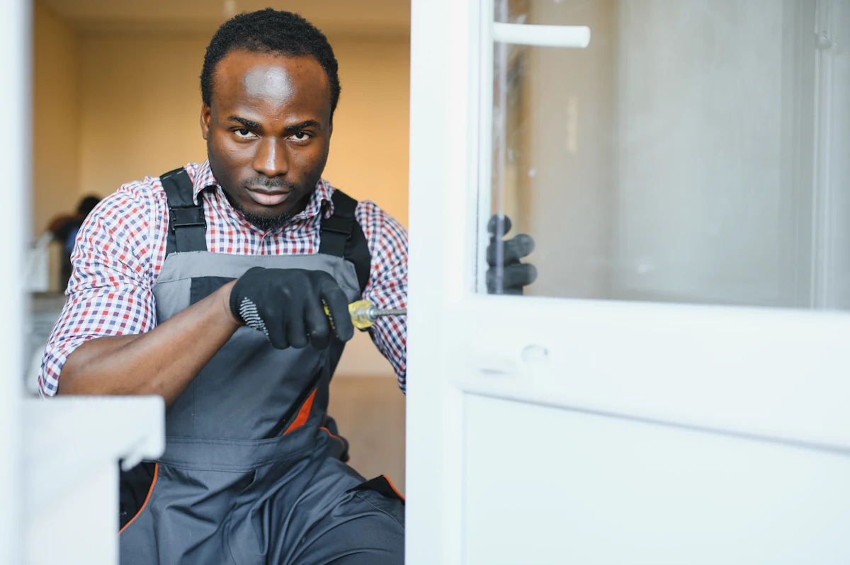 Un homme qui regarde une serrure en tenant un tournevis