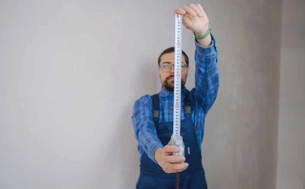 Un homme qui prend un mètre à ruban pour calculer le volume d'une pièce