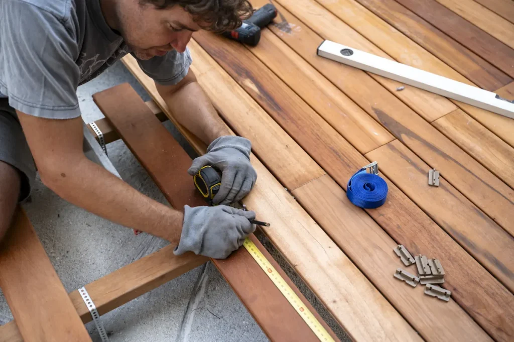 Une personne qui répare des lames terrasse bois gondolent