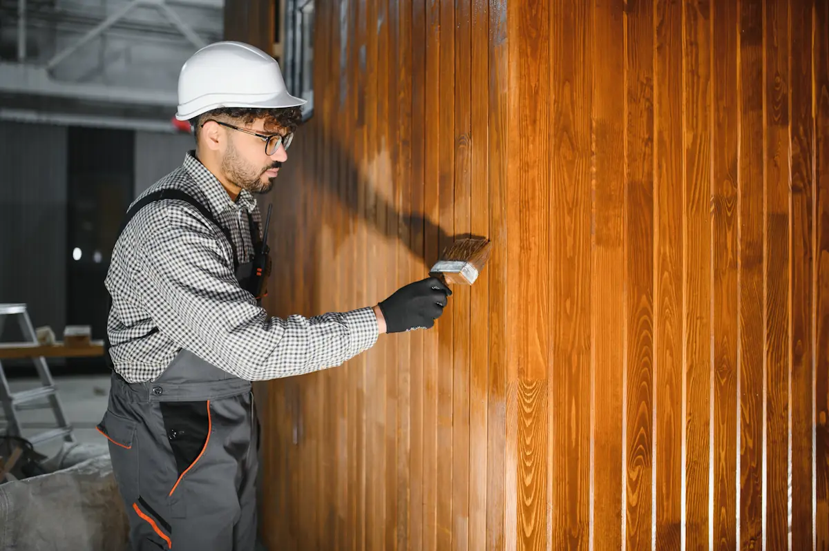 Un homme qui applique de la lasure sur un portail en bois