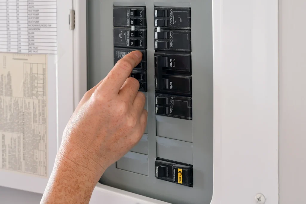 Une main sur un tableau électrique qui disjoncte