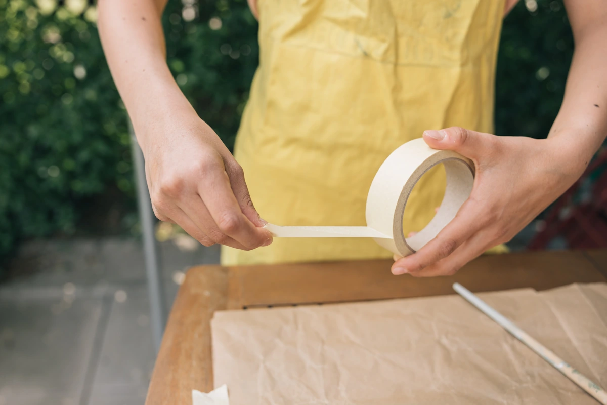 Une femme qui colle un cadre de miroir avec une bande adhésive double face