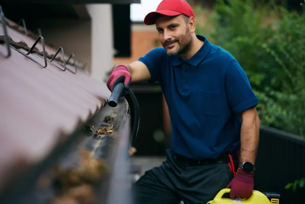 Un homme qui nettoie les feuilles mortes dans une gouttière