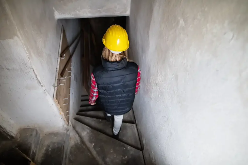 Une femme qui visite une cave humide