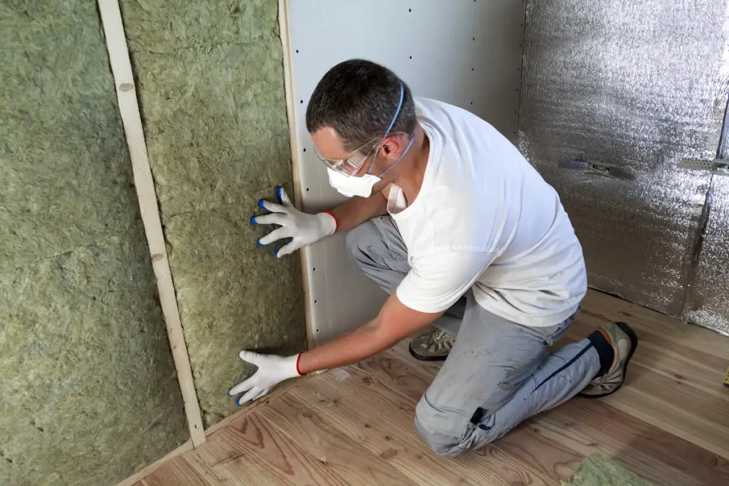 Un homme qui met des isolants sur un mur mitoyen