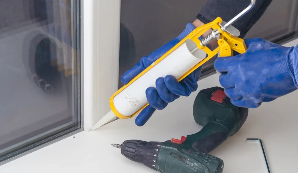Une personne qui applique de la mousse pour remplacer les joints cassés d'une fenêtre